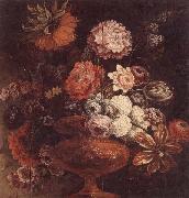 unknow artist Still life of chrysanthemums,lilies,tulips,roses and other flowers in an ormolu vase Spain oil painting reproduction